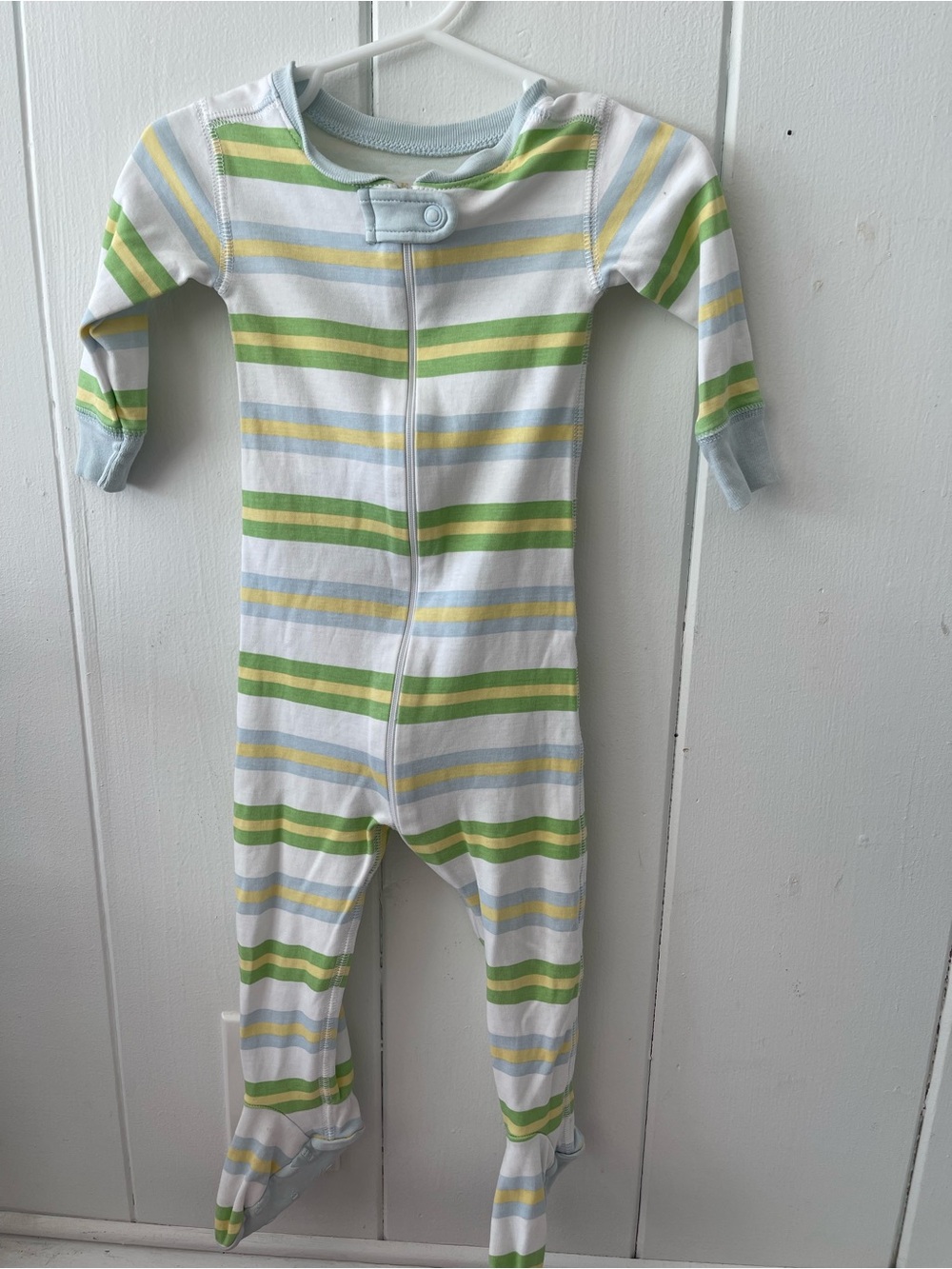 The Beaufort Bonnet Company Striped Green and Blue Kids One-Piece Footed Pajamas